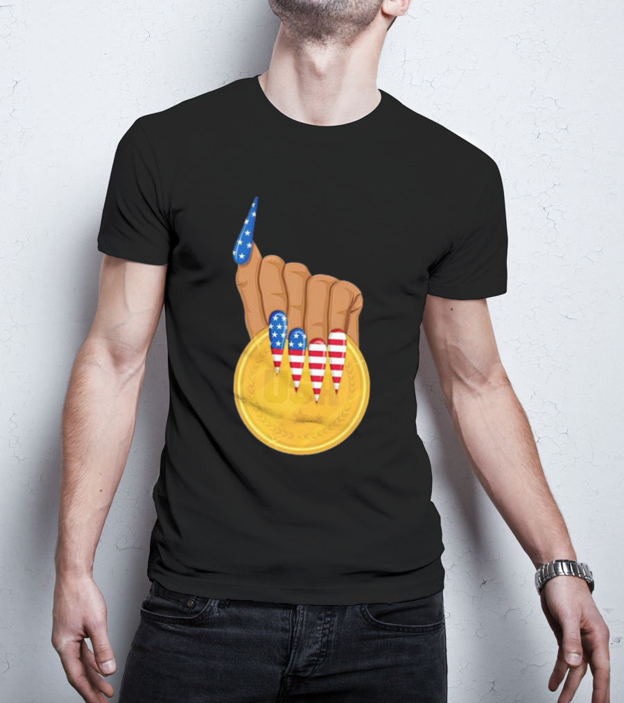 USA Gold Medal Hand With American Flag Nails T-Shirt