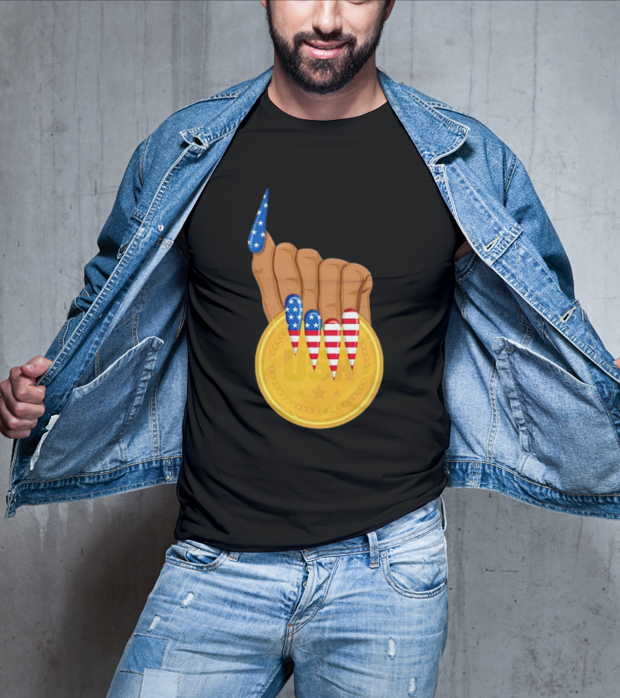 USA Gold Medal Hand With American Flag Nails T-Shirt