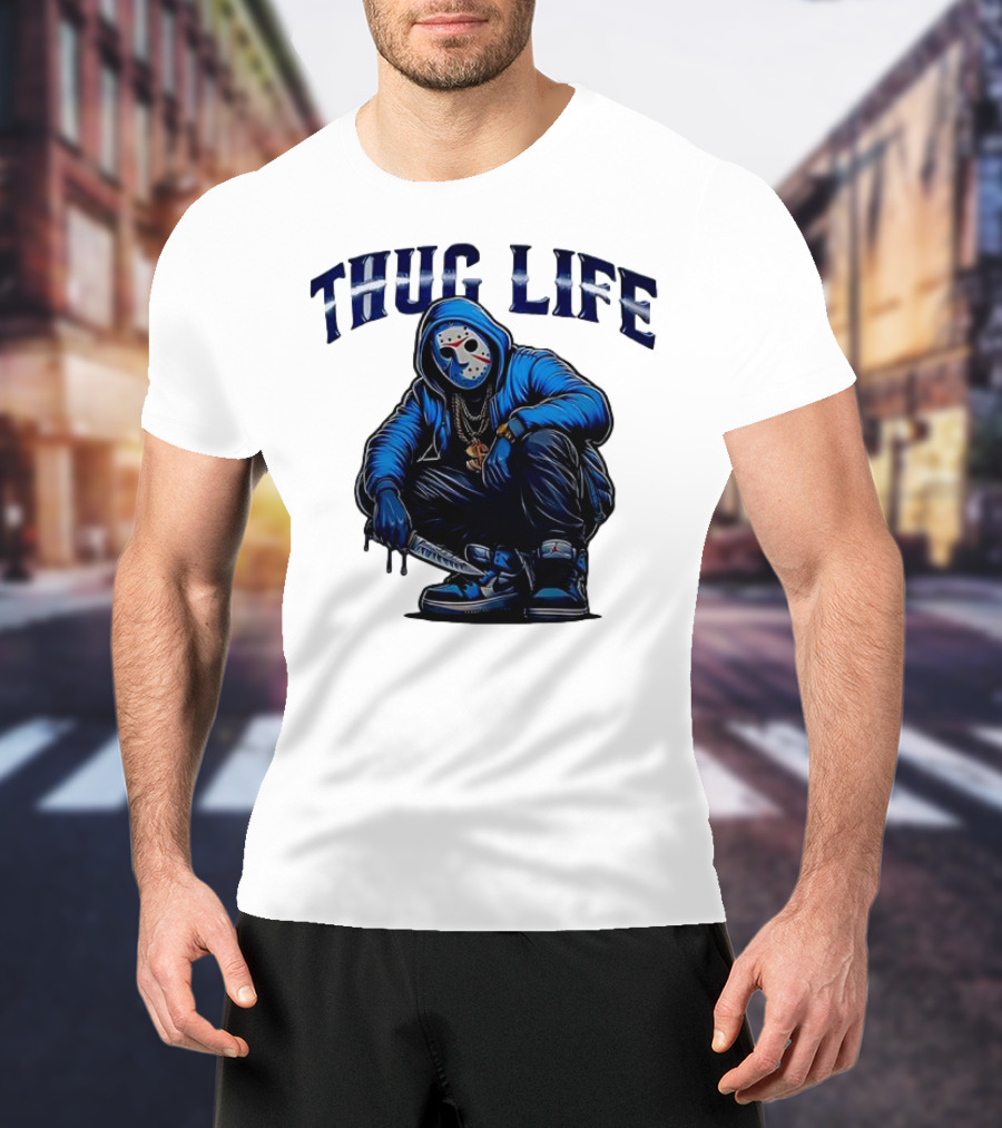 Thug Life Masked Man Sitting With Knife In Blue Hoodie And Sneakers T-Shirt