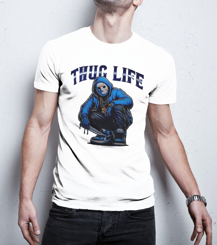 Thug Life Masked Man Sitting With Knife In Blue Hoodie And Sneakers T-Shirt