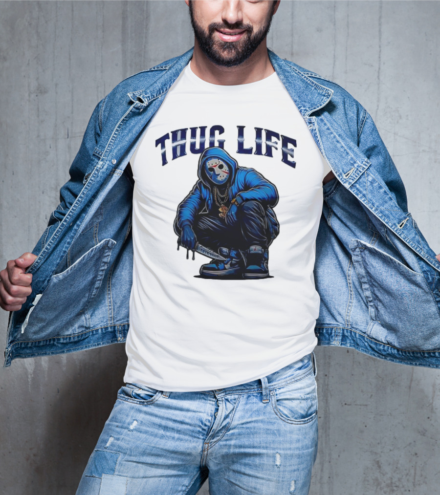 Thug Life Masked Man Sitting With Knife In Blue Hoodie And Sneakers T-Shirt