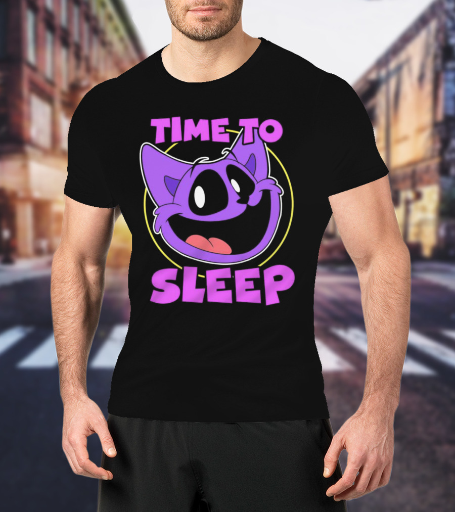 Time To Sleep Purple Cat Cartoon Face T-Shirt