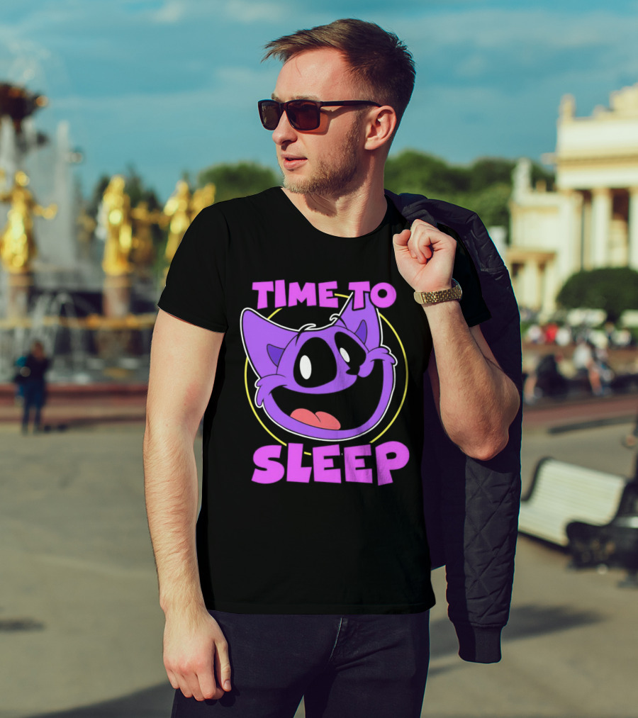 Time To Sleep Purple Cat Cartoon Face T-Shirt