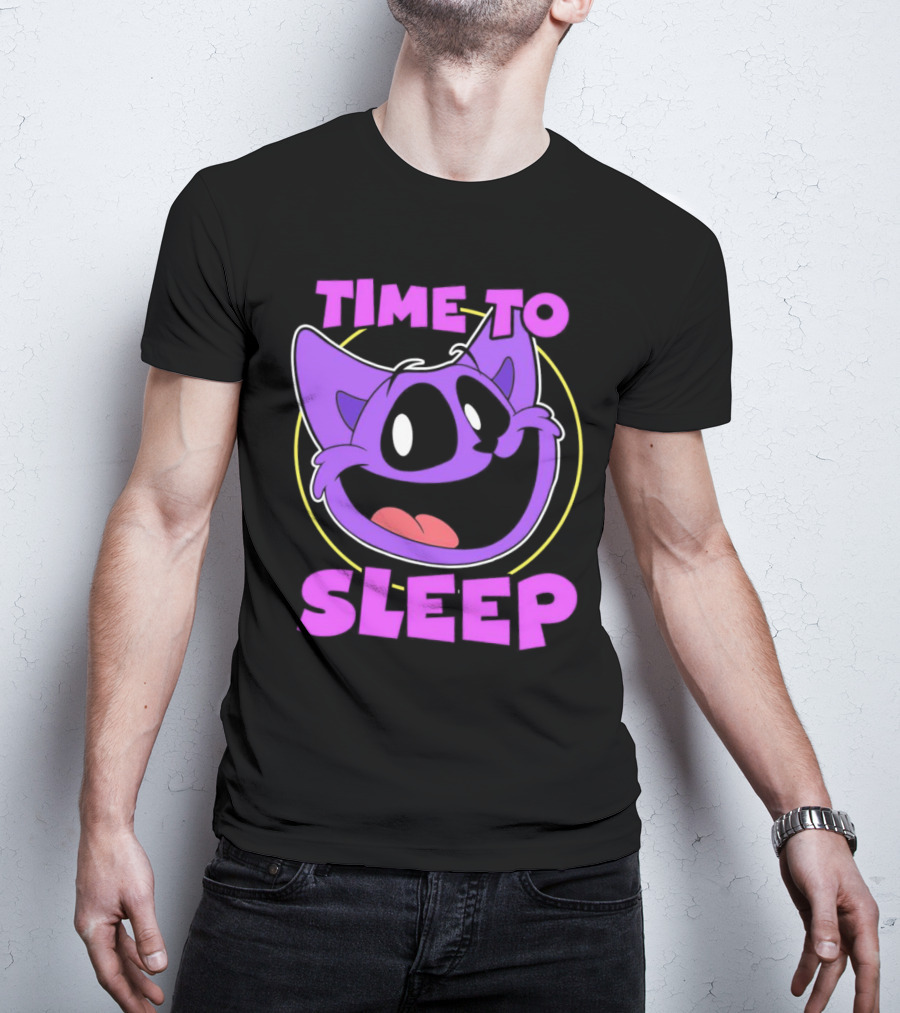 Time To Sleep Purple Cat Cartoon Face T-Shirt