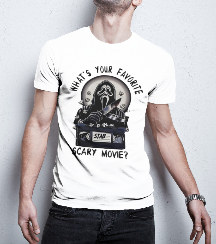 What's Your Favorite Scary Movie Ghostface Stab VHS Popcorn T-Shirt