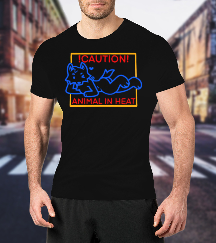 Caution Animal In Heat Neon Sign Playful Fox Character T-Shirt