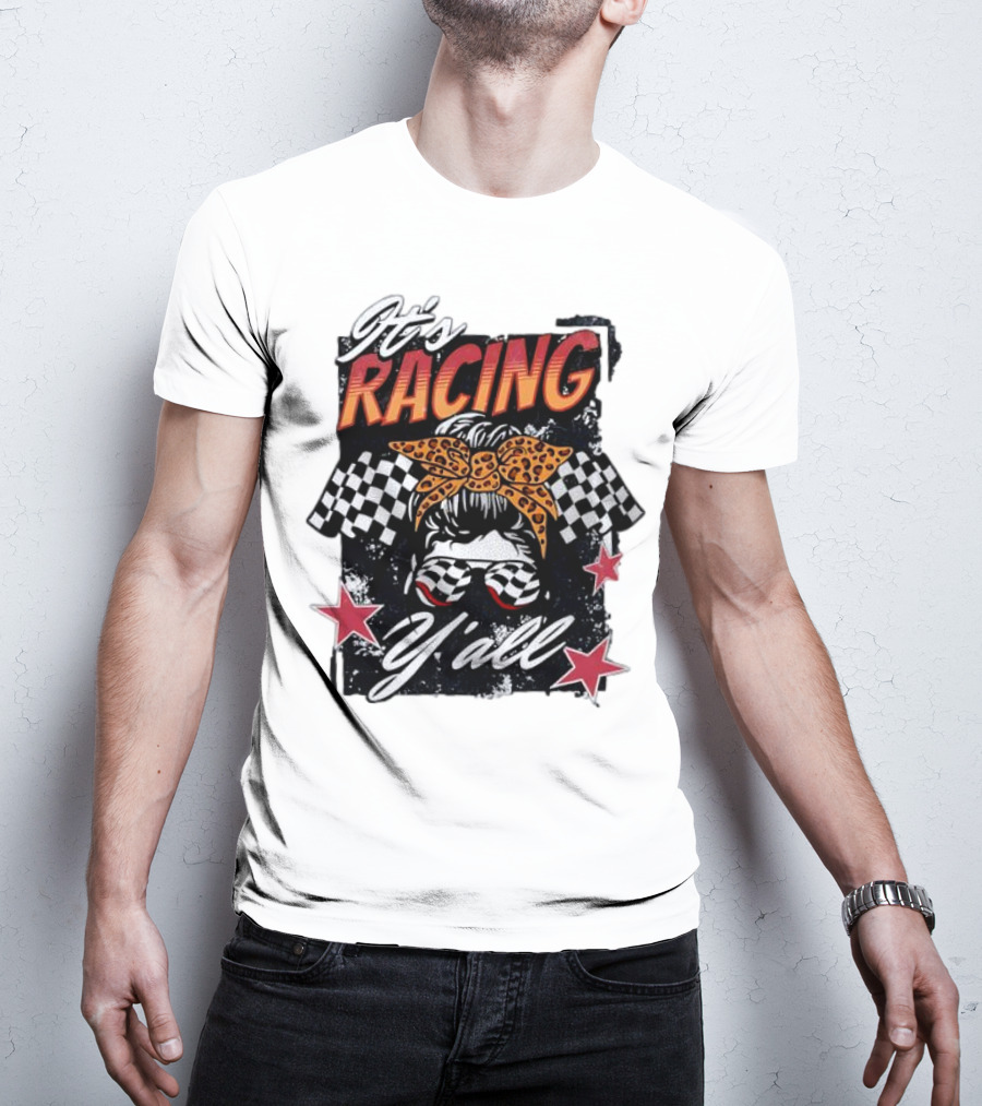 It's Racing Y'all Racing Girl Checkered Flag Leopard Print Bow T-Shirt