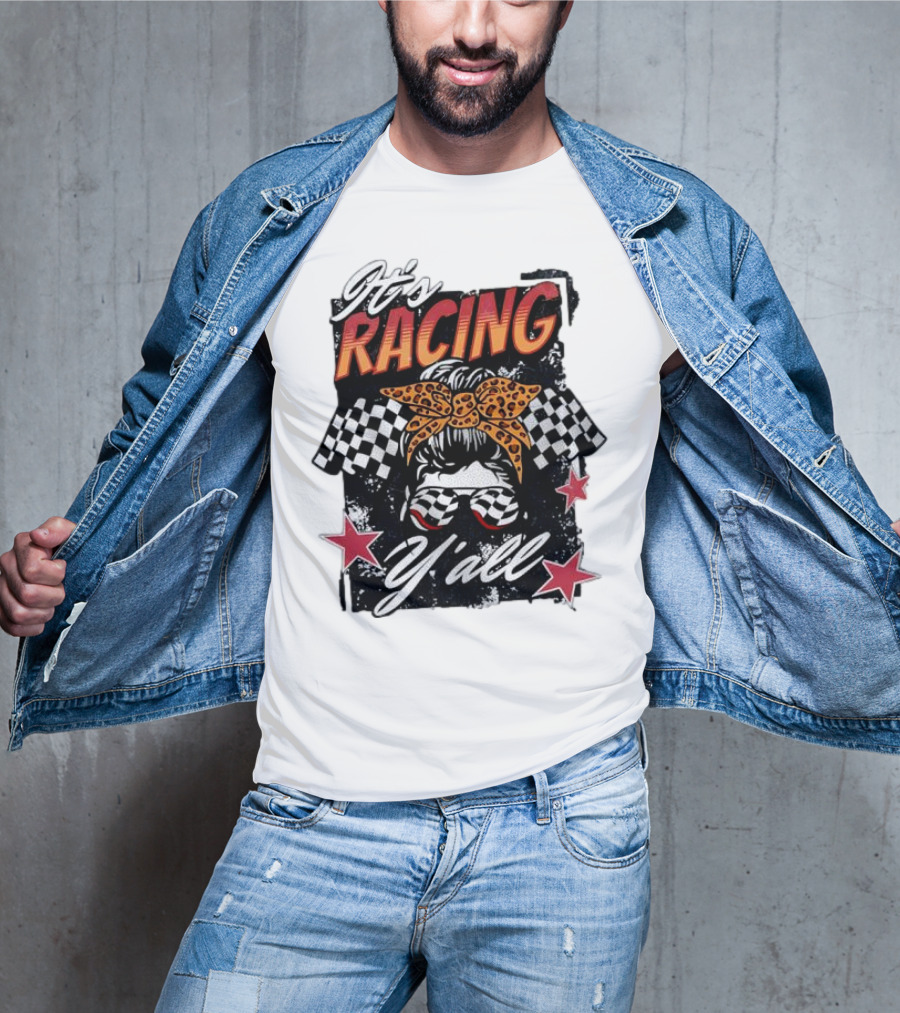 It's Racing Y'all Racing Girl Checkered Flag Leopard Print Bow T-Shirt