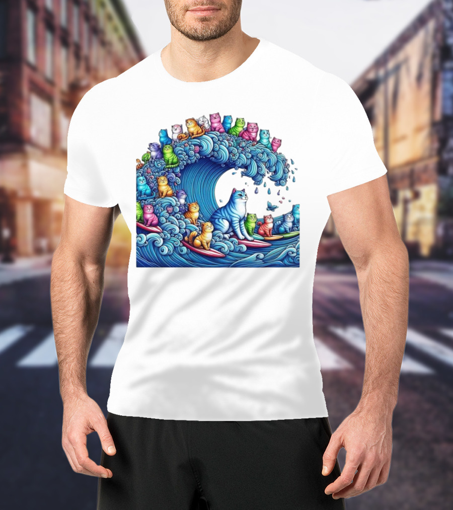 Cats Surfing In A Colorful Wave Bringing Joy T-Shirt