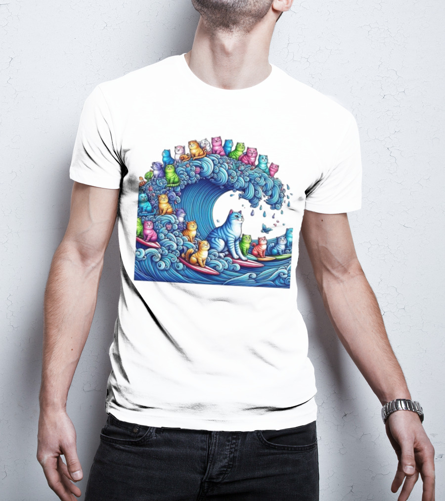 Cats Surfing In A Colorful Wave Bringing Joy T-Shirt