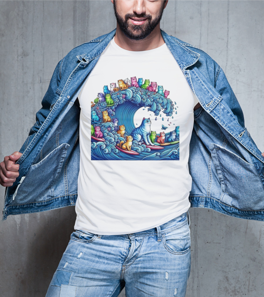 Cats Surfing In A Colorful Wave Bringing Joy T-Shirt