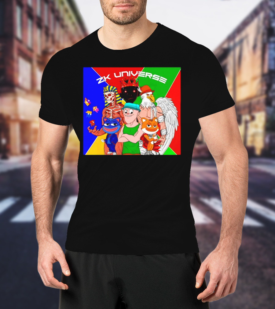ZK Universe Colorful Characters With Pharaoh Skeleton, Crowned Figure, And Winged Eagle T-Shirt