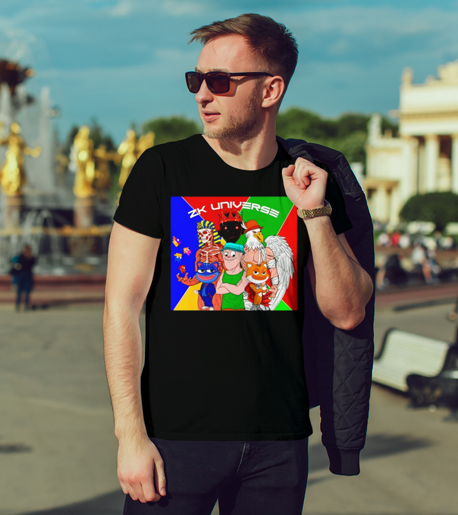 ZK Universe Colorful Characters With Pharaoh Skeleton, Crowned Figure, And Winged Eagle T-Shirt