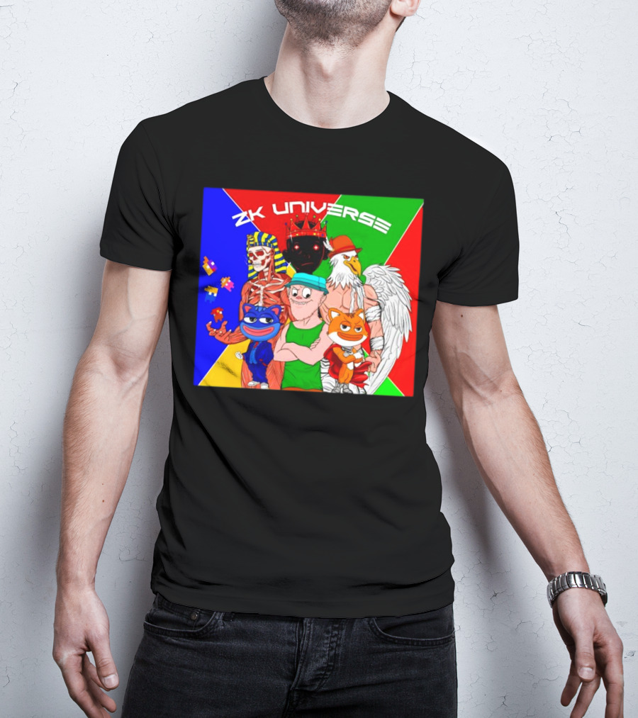 ZK Universe Colorful Characters With Pharaoh Skeleton, Crowned Figure, And Winged Eagle T-Shirt