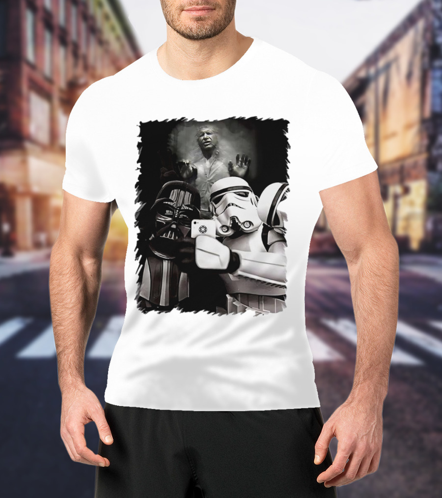 Star Wars Darth Vader And Stormtrooper Taking Selfie With Han Solo Frozen In Carbonite T-Shirt
