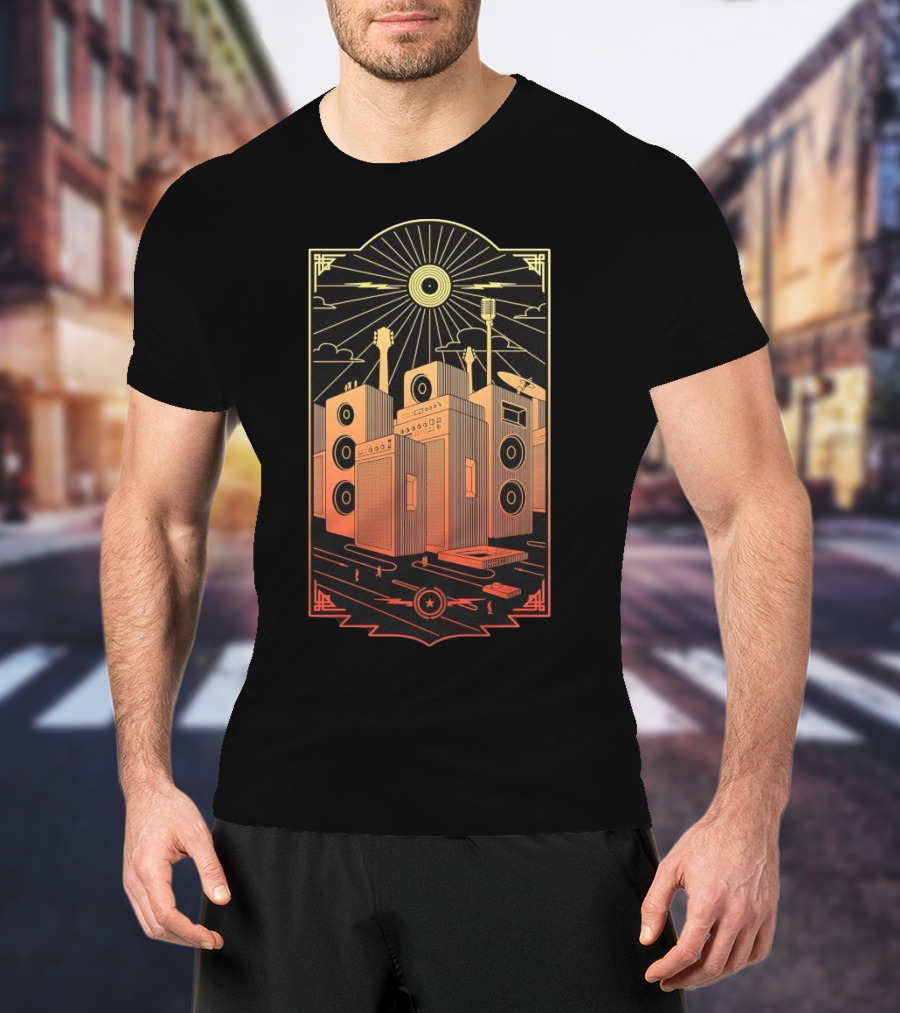 Sound City Amplifier Cityscape With Musical Instruments And Sunburst T-Shirt