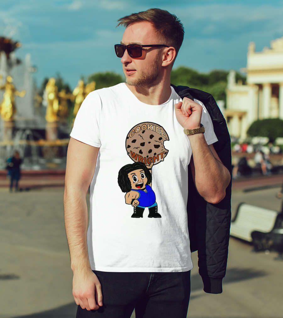 COOKIEE WRIGHT Cartoon Character Holding Chocolate Chip Cookie T-Shirt