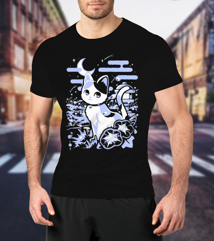 A Cat Amidst Moonlit Fireflies And Stars T-Shirt