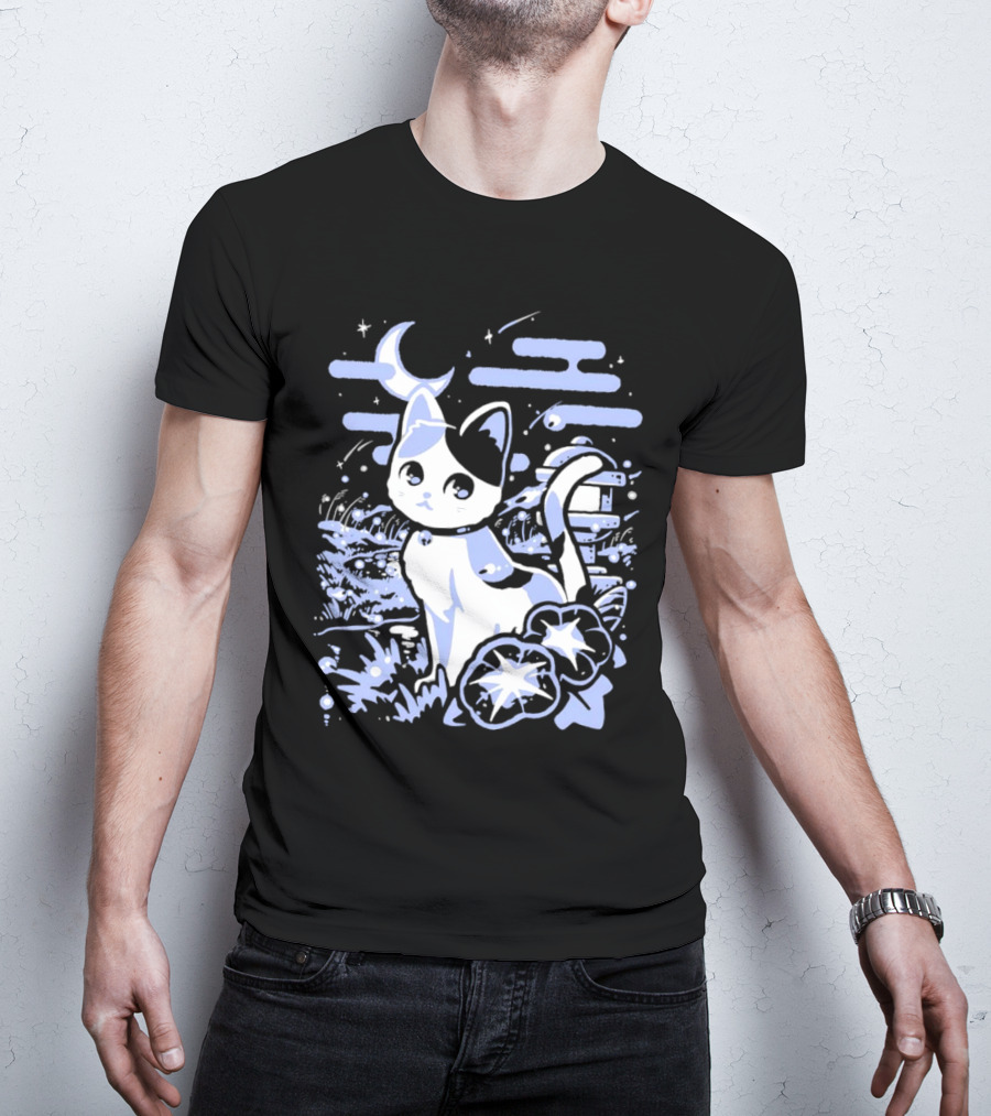 A Cat Amidst Moonlit Fireflies And Stars T-Shirt