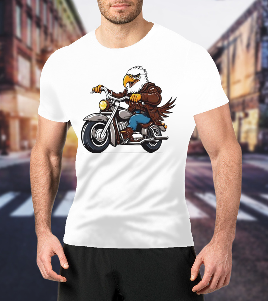 Eagle Riding Motorcycle In Brown Jacket And Blue Jeans T-Shirt