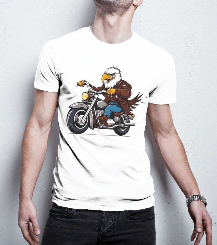Eagle Riding Motorcycle In Brown Jacket And Blue Jeans T-Shirt