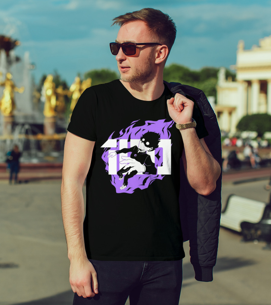 Mob Psycho 100 Psyched Out Character With Purple Aura And Bold Typography T-Shirt
