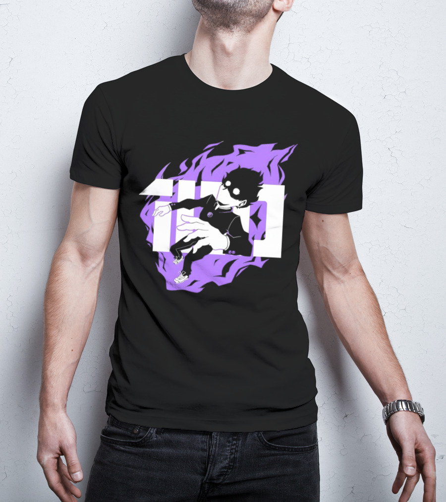 Mob Psycho 100 Psyched Out Character With Purple Aura And Bold Typography T-Shirt