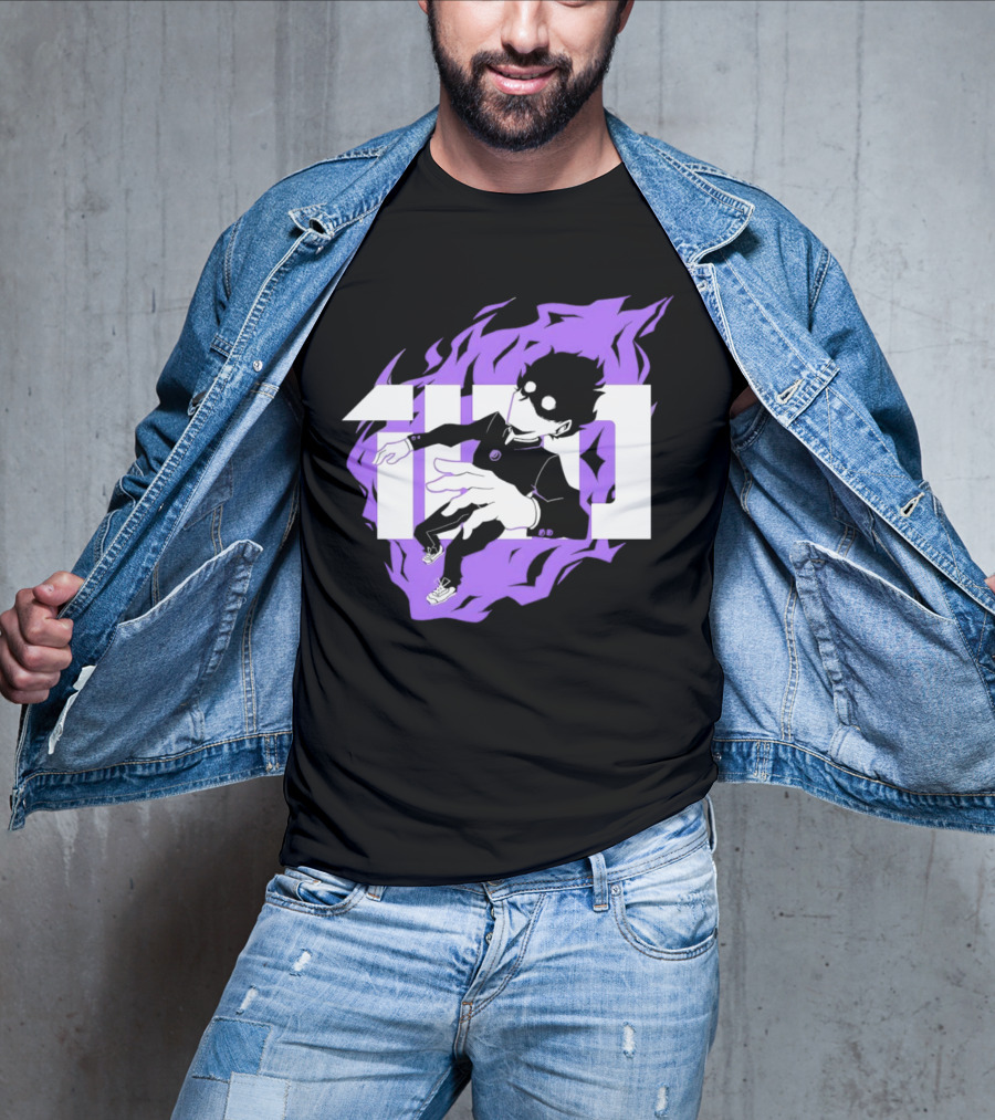 Mob Psycho 100 Psyched Out Character With Purple Aura And Bold Typography T-Shirt