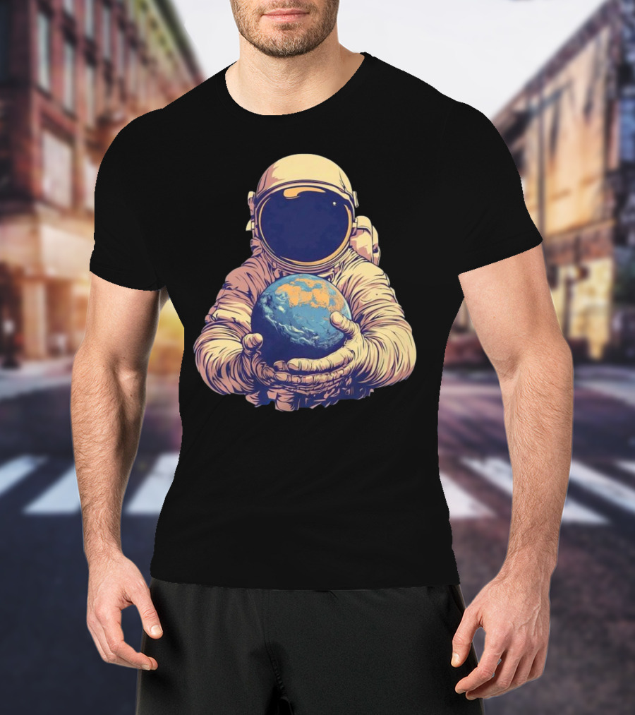 Astronaut Embracing Planet Earth Cosmic Guardians Of Home T-Shirt