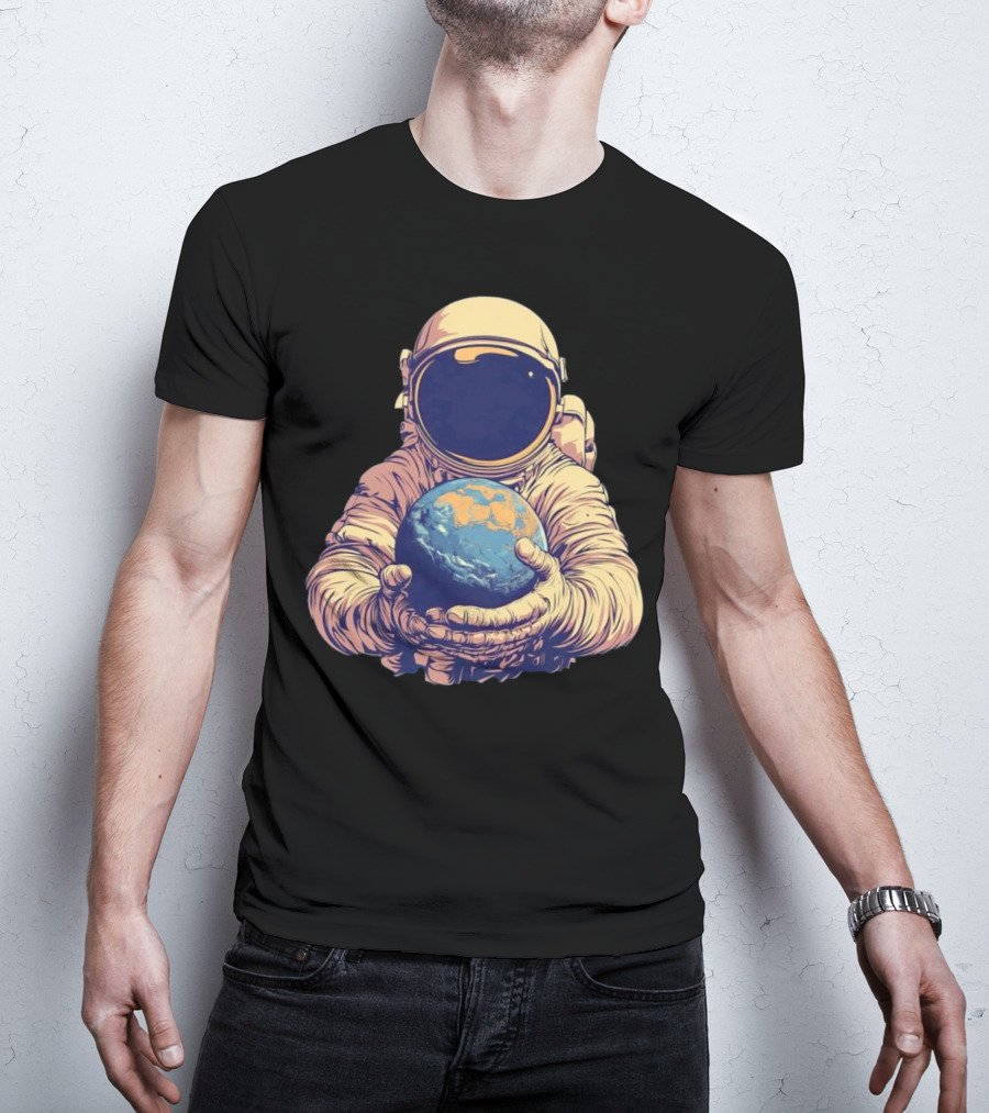 Astronaut Embracing Planet Earth Cosmic Guardians Of Home T-Shirt
