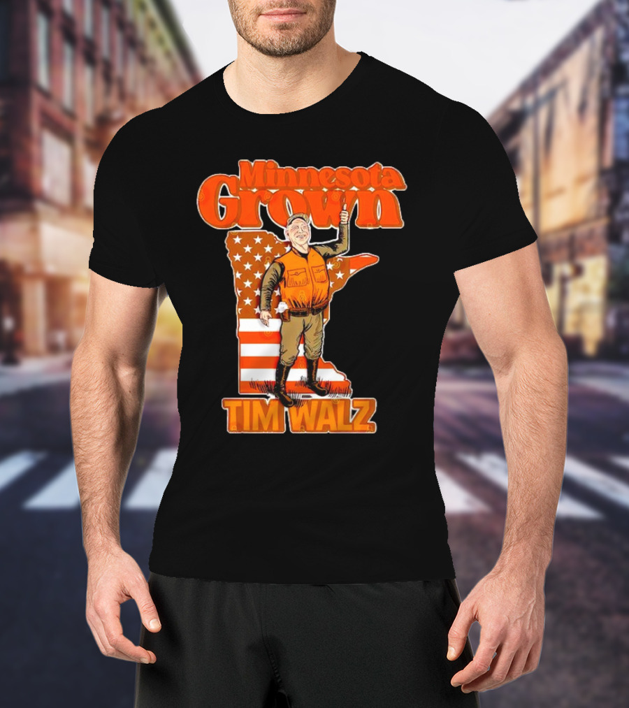 Minnesota Grown Tim Walz Thumbs Up American Flag State Outline T-Shirt