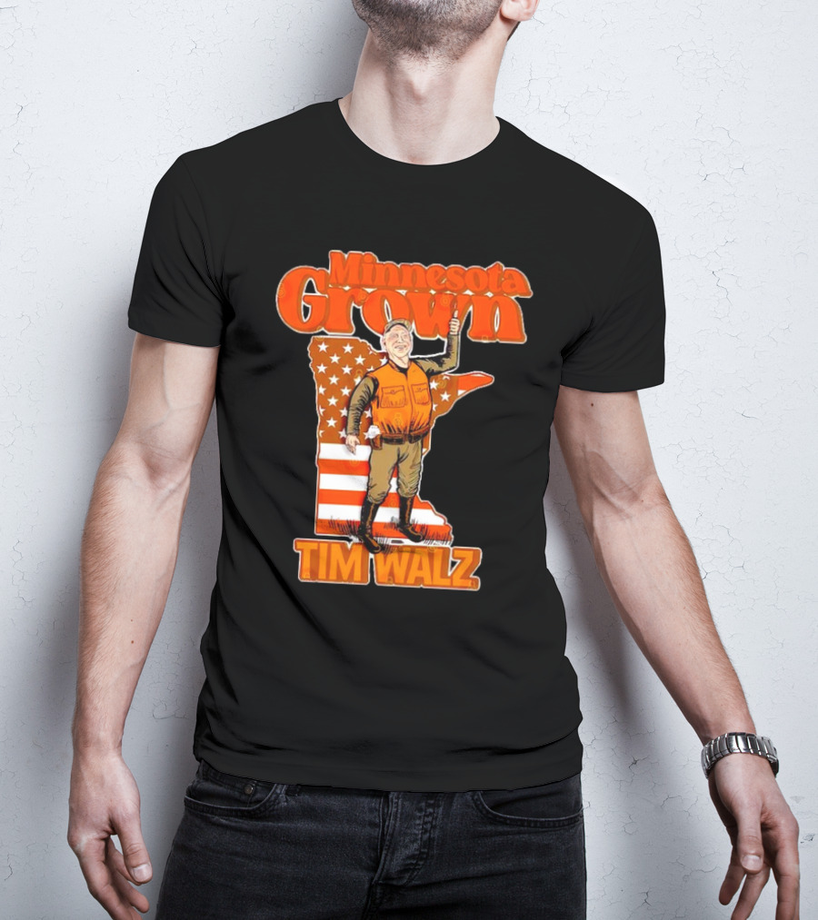 Minnesota Grown Tim Walz Thumbs Up American Flag State Outline T-Shirt