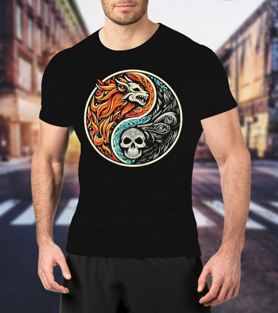 Wolf Warrior Yin Yang Skull Flame Elements T-Shirt