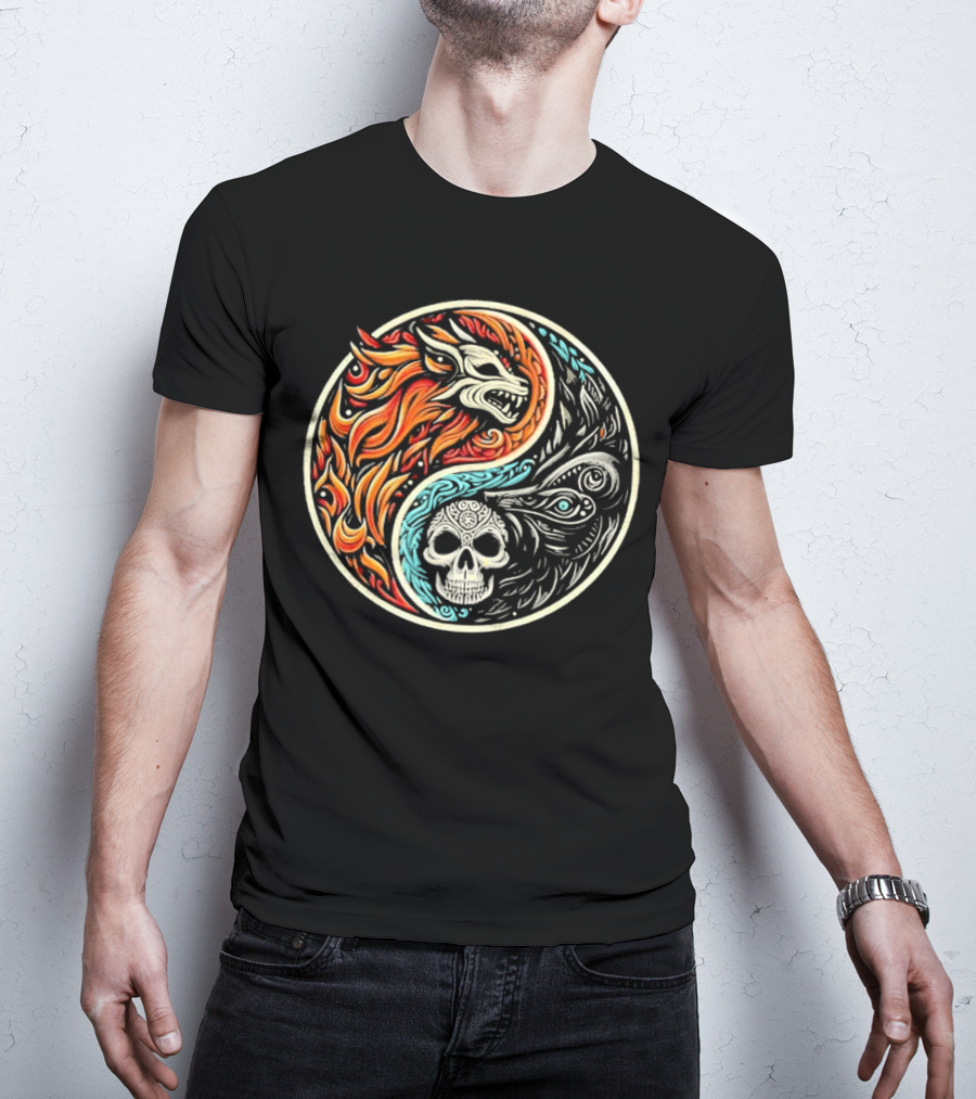 Wolf Warrior Yin Yang Skull Flame Elements T-Shirt
