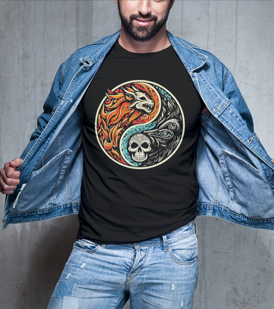 Wolf Warrior Yin Yang Skull Flame Elements T-Shirt