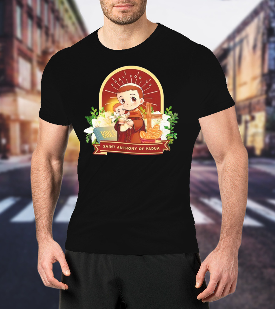 Saint Anthony Of Padua Pray For Us Cartoon With Bible And Bread T-Shirt