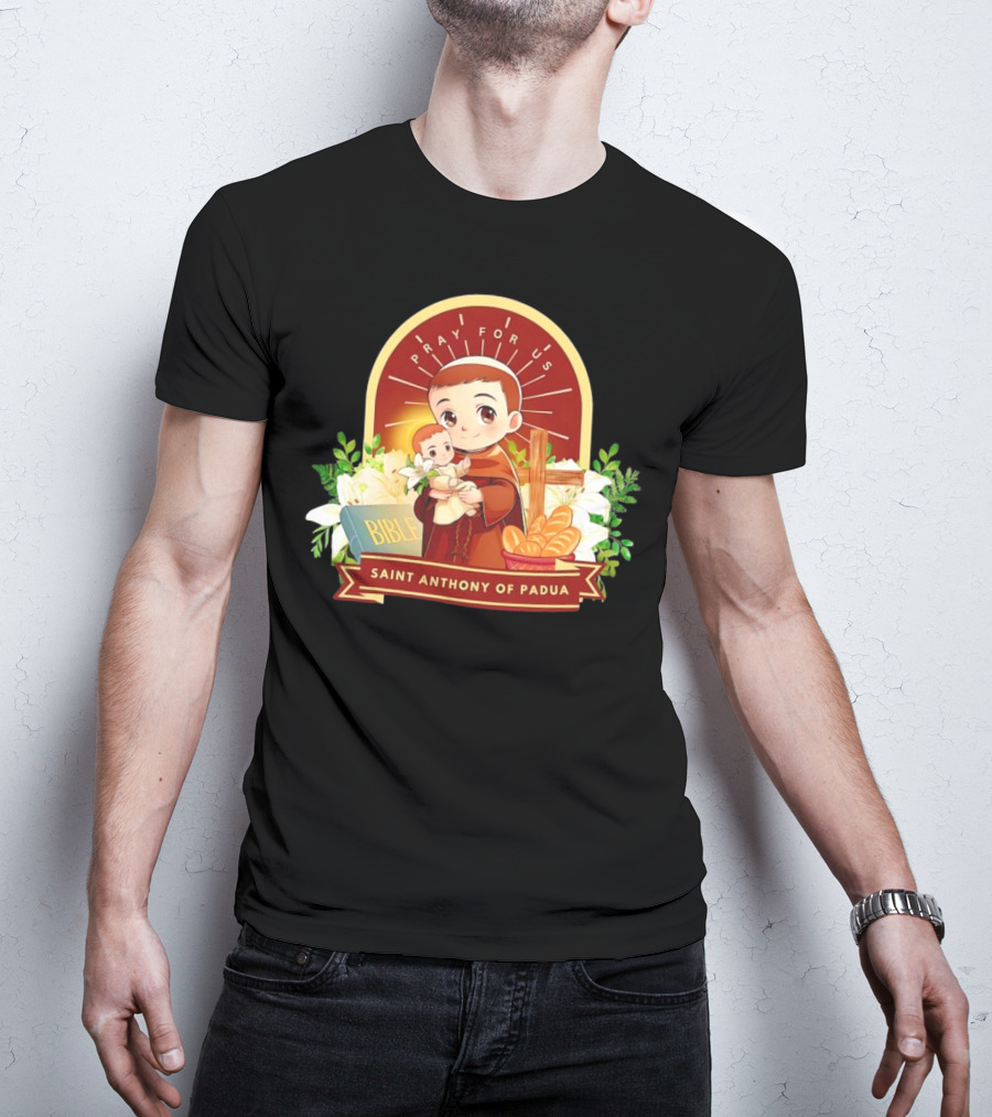Saint Anthony Of Padua Pray For Us Cartoon With Bible And Bread T-Shirt