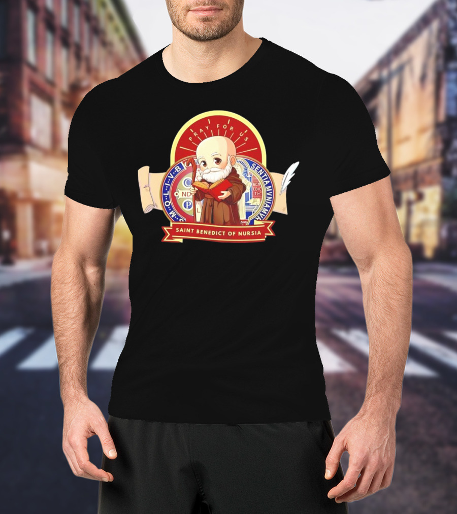 Saint Benedict Of Nursia Pray For Us Cartoon M O L I V B Senitas Munian E I V B Benedict II O S Smqlv X O P S V R S M Q L I V B P A X C S P B T-Shirt
