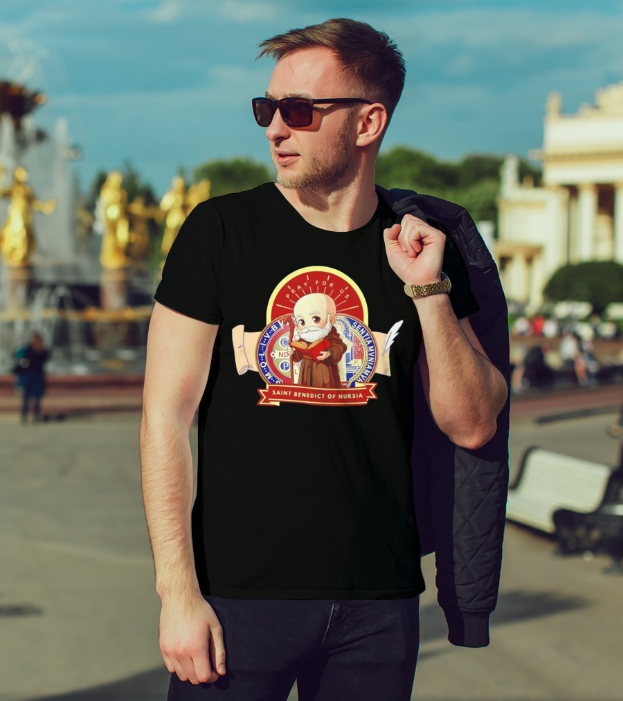 Saint Benedict Of Nursia Pray For Us Cartoon M O L I V B Senitas Munian E I V B Benedict II O S Smqlv X O P S V R S M Q L I V B P A X C S P B T-Shirt