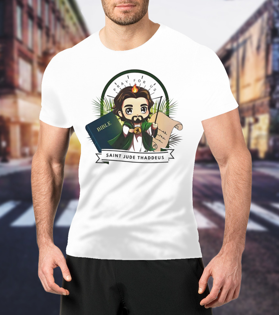 Saint Jude Thaddeus Pray For Us Cartoon Bible Scroll Flame T-Shirt
