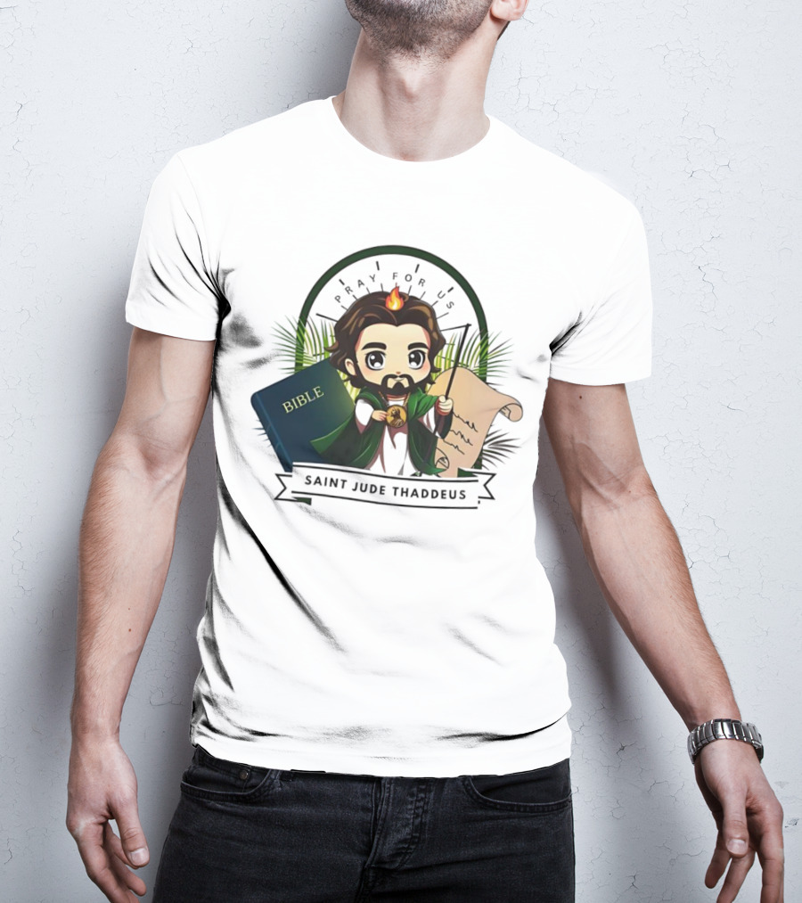 Saint Jude Thaddeus Pray For Us Cartoon Bible Scroll Flame T-Shirt