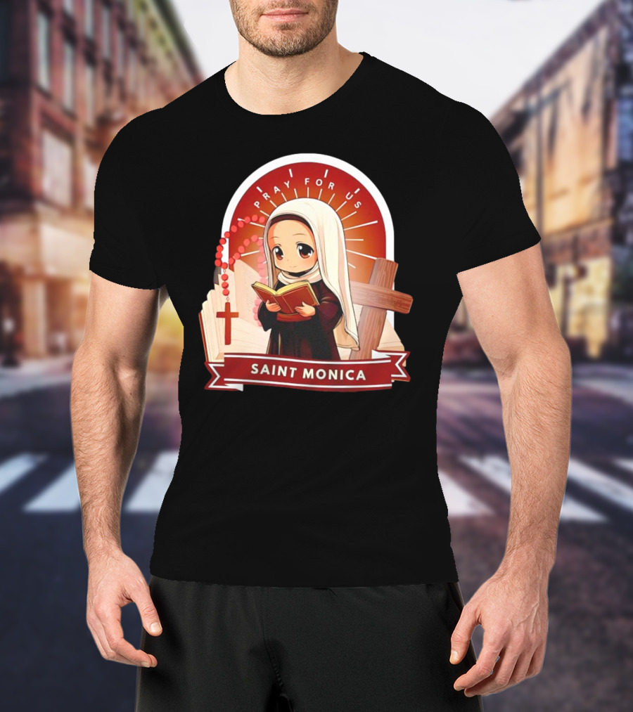 Saint Monica Pray For Us Cartoon Hippo Theme With Book And Cross T-Shirt