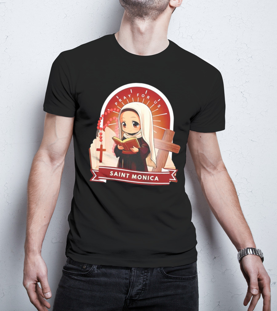 Saint Monica Pray For Us Cartoon Hippo Theme With Book And Cross T-Shirt