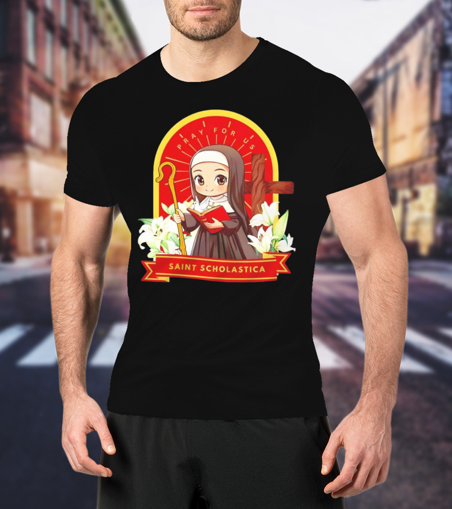 Saint Scholastica Pray For Us Cartoon Cute Nun Illustration With Cross And Flowers T-Shirt