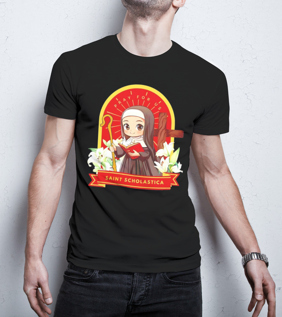 Saint Scholastica Pray For Us Cartoon Cute Nun Illustration With Cross And Flowers T-Shirt