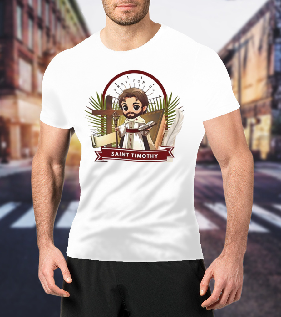Saint Timothy Pray For Us Cartoon With Cross And Feather Motif T-Shirt