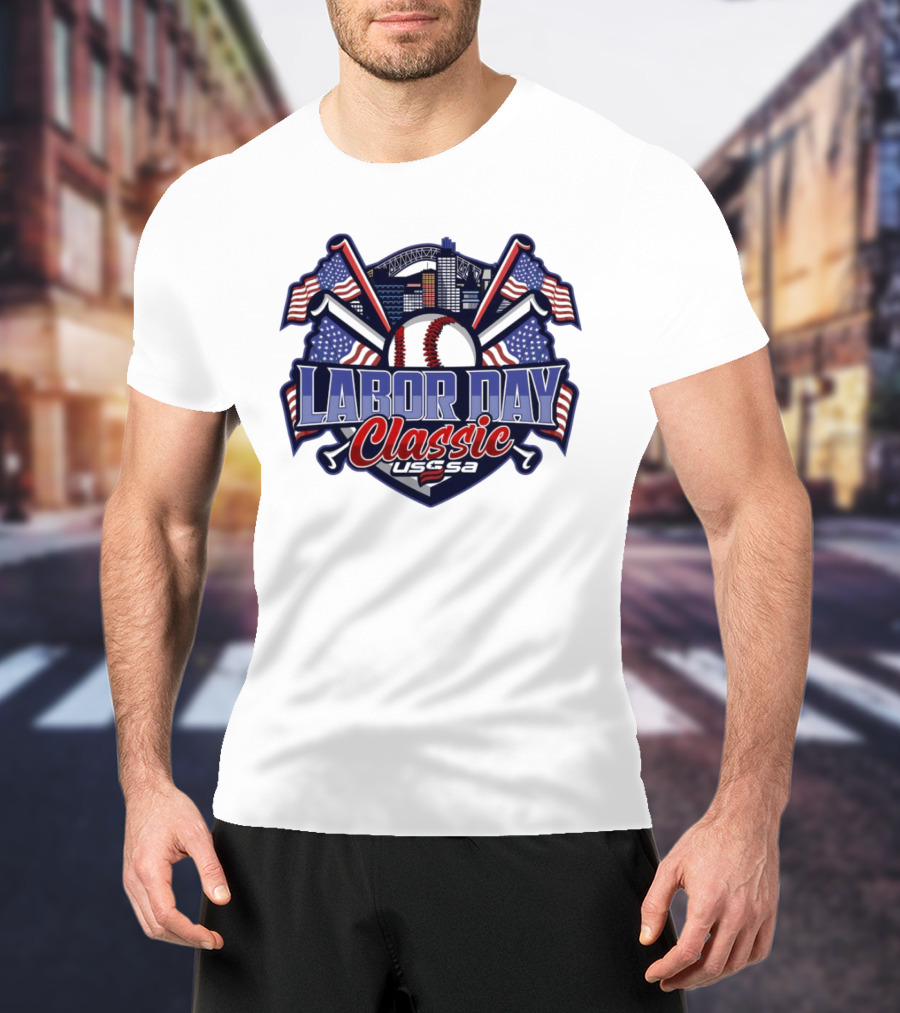 Labor Day Classic USSSA Baseball Crossed Bats And American Flag Themed Shield Logo T-Shirt