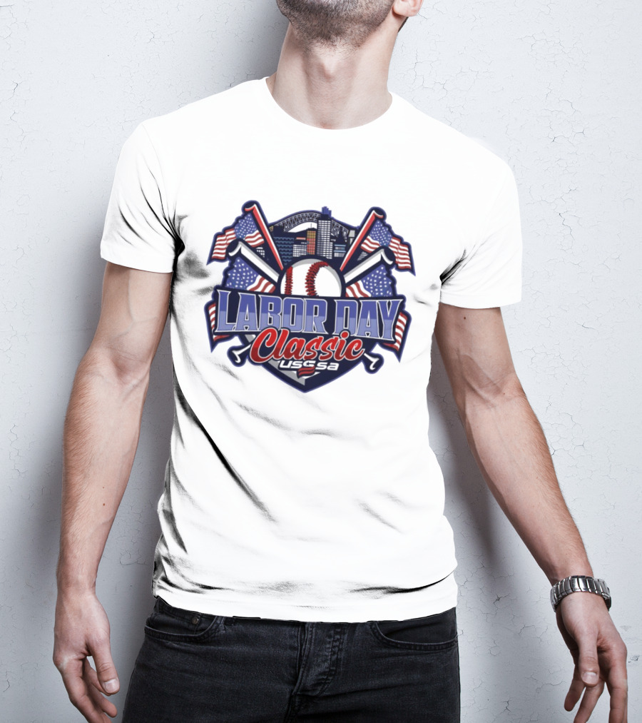 Labor Day Classic USSSA Baseball Crossed Bats And American Flag Themed Shield Logo T-Shirt