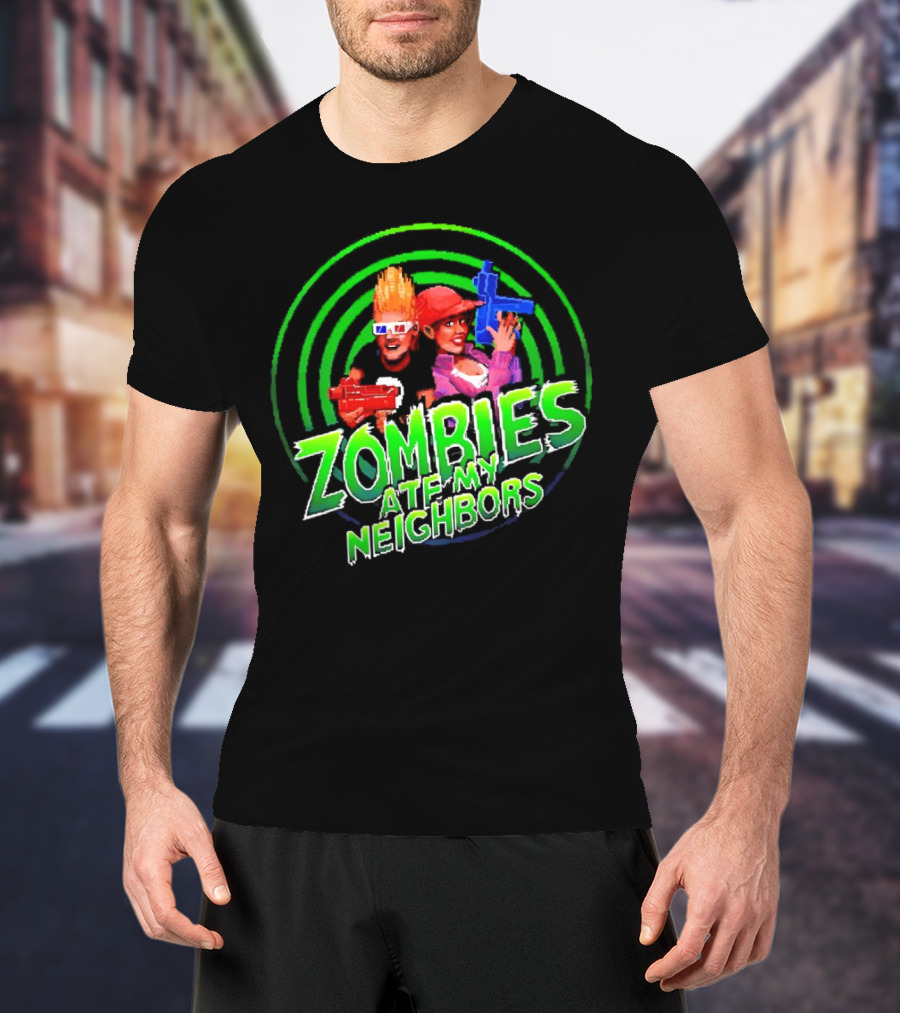 Zombies Ate My Neighbors Zombie Hunters Game Retro Style 90s Arcade Action Kids With Toy Blasters T-Shirt