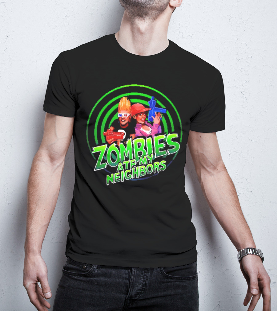 Zombies Ate My Neighbors Zombie Hunters Game Retro Style 90s Arcade Action Kids With Toy Blasters T-Shirt